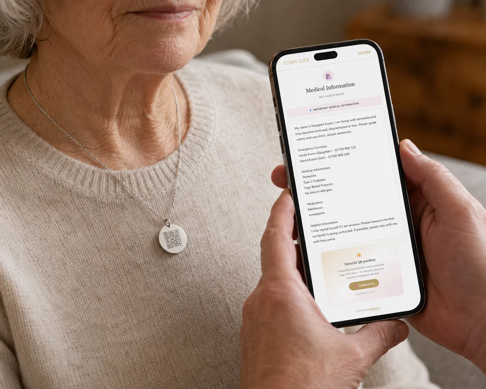 Personalised Dementia Medical ID Necklace with QR Emergency Information Page — view 5