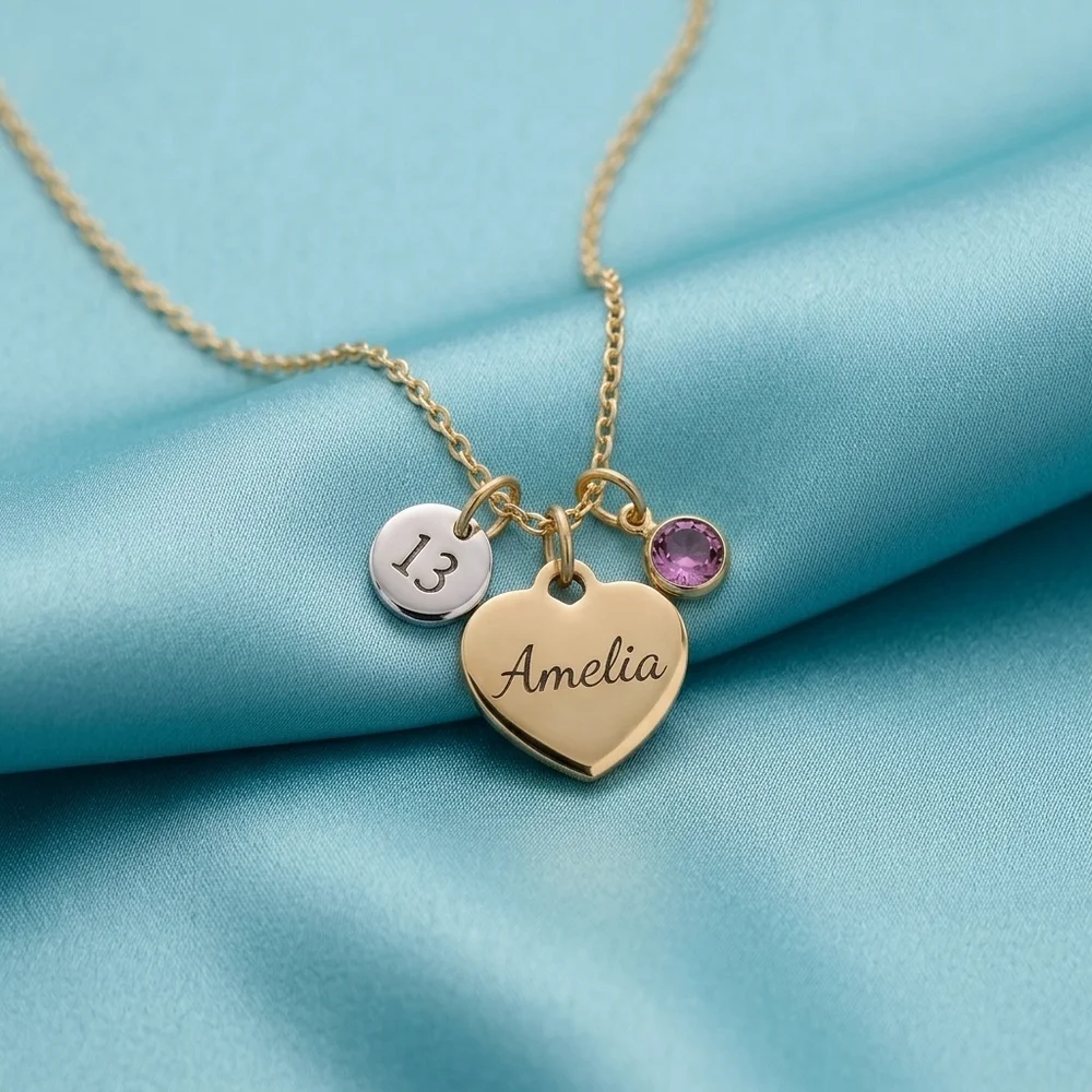 Personalised Heart Pendant Necklace with Engraved Age Charm – Gold Tone — view 3