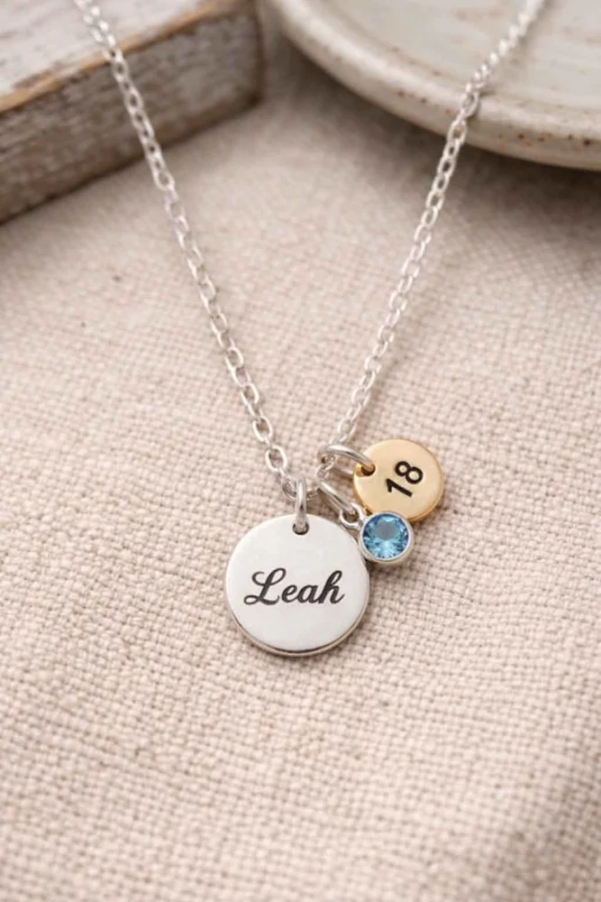 Birthday Necklace with Birthstone - Silver Tone — Stainless Steel laser-engraved jewellery by EdenLily