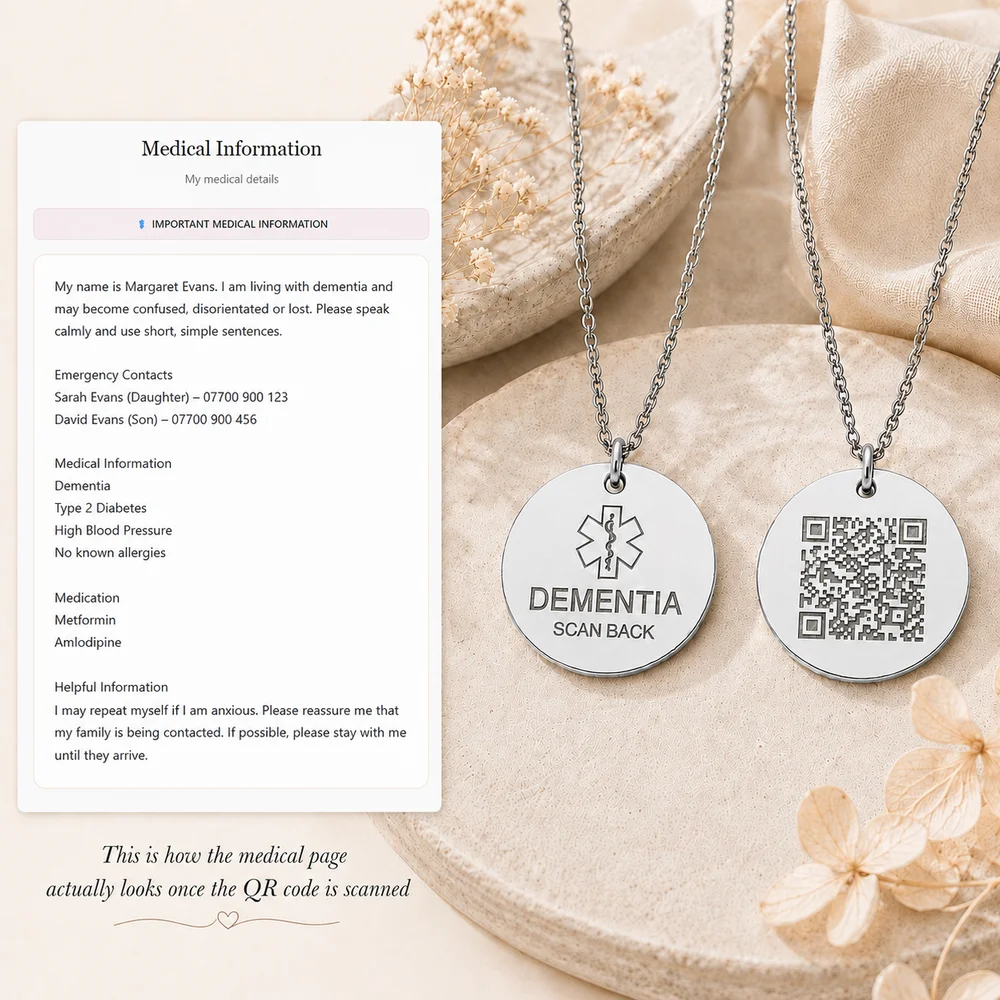Personalised Dementia Medical ID Necklace with QR Emergency Information Page — view 17
