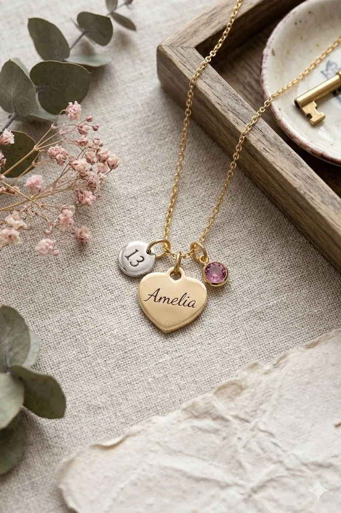 Personalised Heart Pendant Necklace with Engraved Age Charm – Gold Tone — laser-engraved jewellery by EdenLily