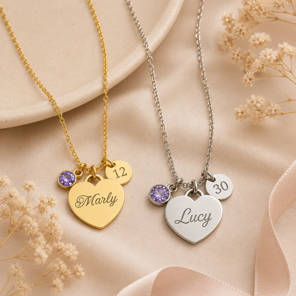 Personalised Heart Necklace with Engraved Age Charm Gift — custom engraved jewellery by EdenLily
