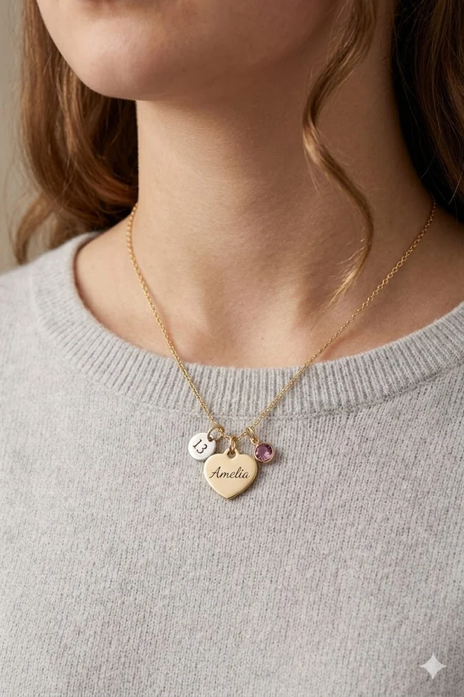 Personalised Heart Pendant Necklace with Engraved Age Charm – Gold Tone — view 2