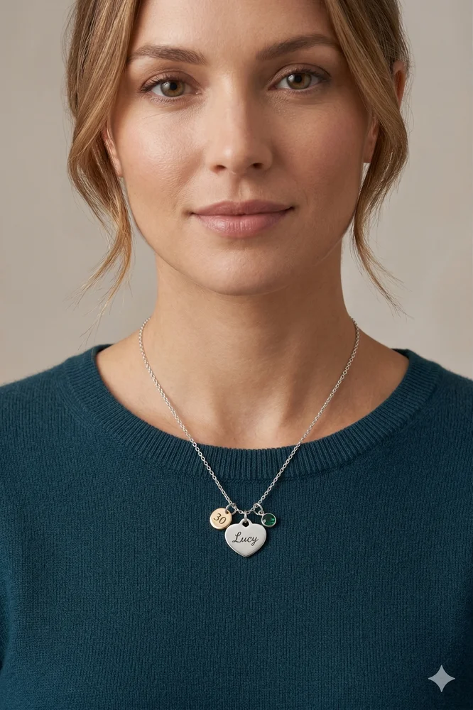 Personalised Heart Pendant Necklace with Engraved Age Charm – Silver Tone — view 5