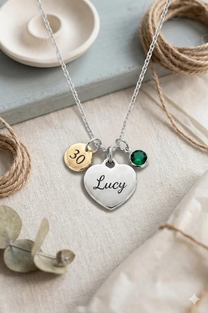 Personalised Heart Pendant Necklace with Engraved Age Charm – Silver Tone — laser-engraved jewellery by EdenLily