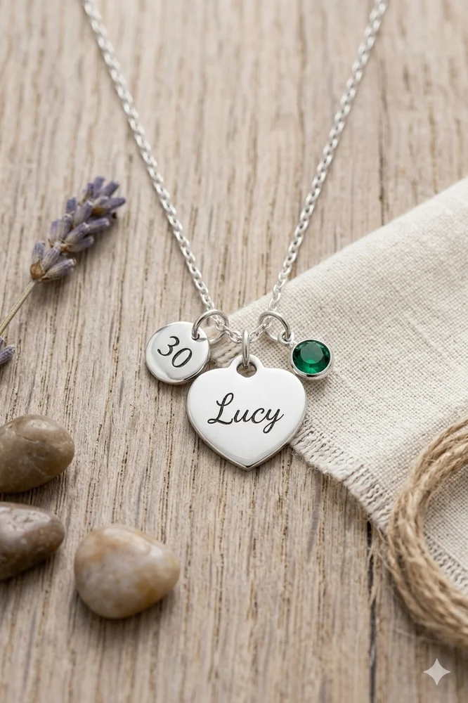 Personalised Heart Pendant Necklace with Engraved Age Charm – Silver Tone — view 4