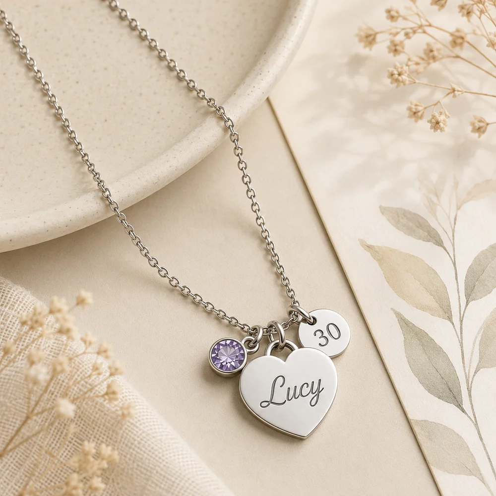 Personalised Heart Necklace with Engraved Age Charm Gift — view 2